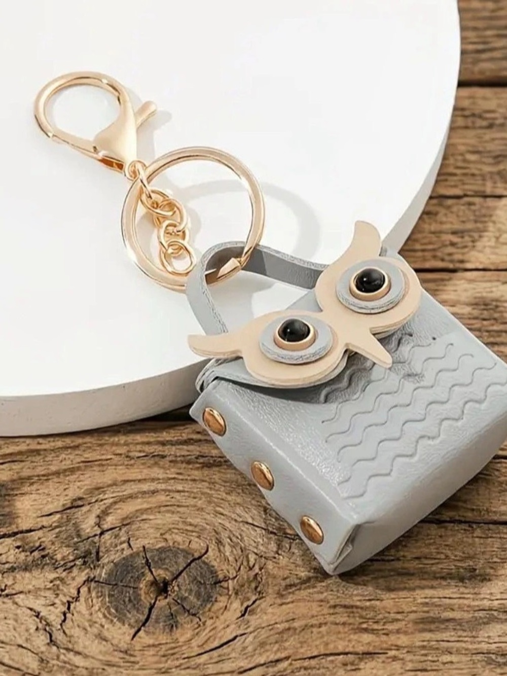Owl Keychain Pouch in Gray & cream